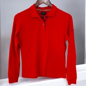Burberry Shirt Womens Medium Red Long Sleeve Polo Cotton Nova Check Logo Detail